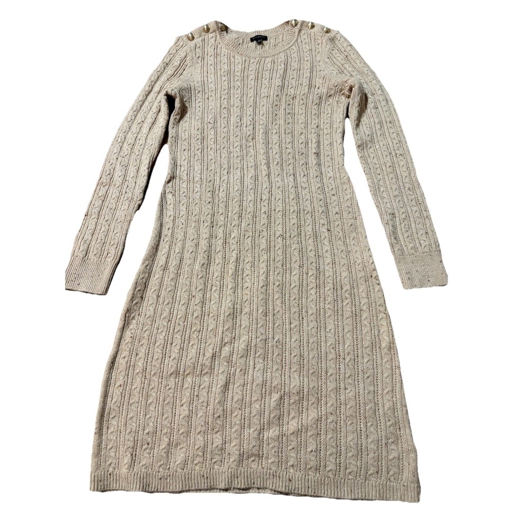 Talbots Cable Knit Womens Small Button Shoulder Sweater Dress Camel Beige Classi